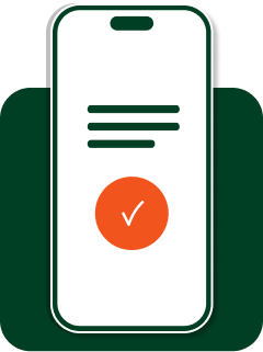 Illustration of a smartphone displaying a document icon with three horizontal lines and a large orange checkmark below them on the screen, set against a green background.