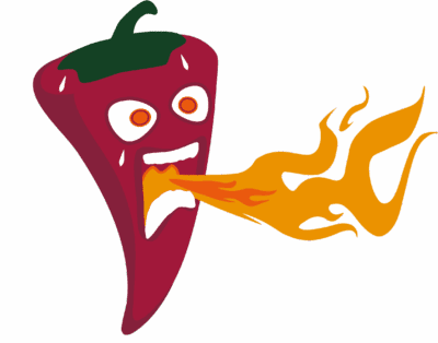 Cartoon red chili pepper with wide eyes and mouth, appearing shocked while breathing out bright orange flames, indicating spiciness.